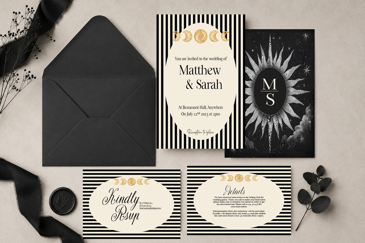 Black Celestial wedding invitation suite with A5 invitation, A6 RSVP and details cards