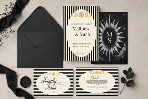 Black Celestial wedding invitation suite with A5 invitation, A6 RSVP and details cards