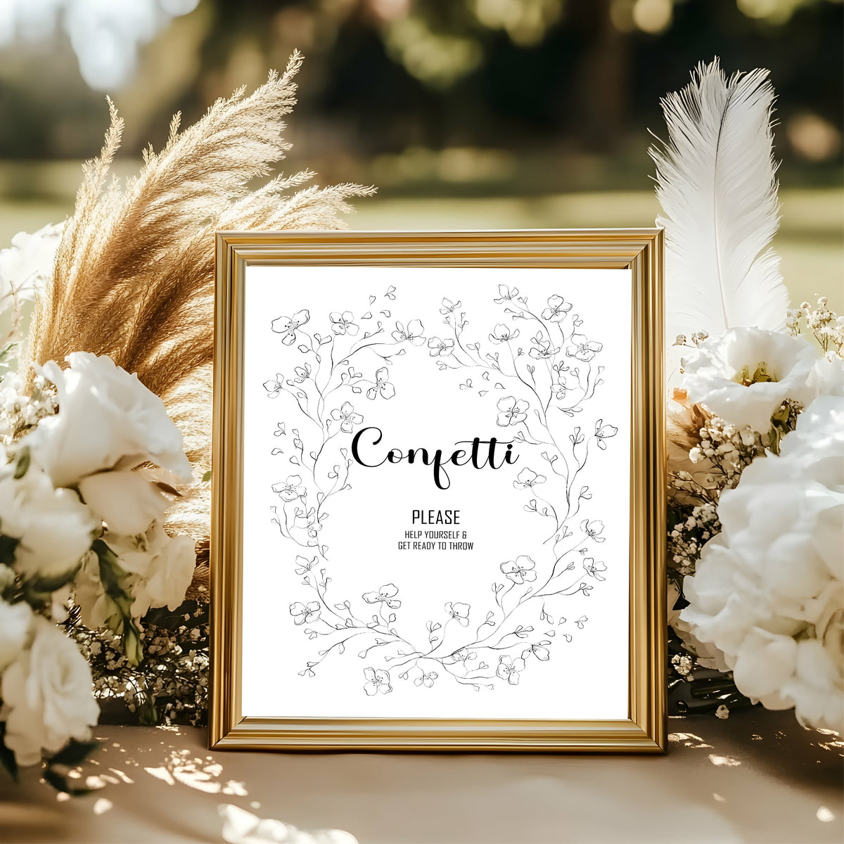 Black & White Floral Wedding Confetti Sign