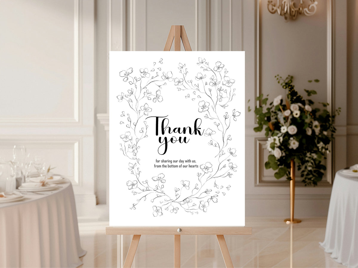 Black & White Floral Wedding Thank You Sign