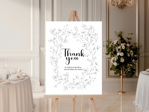 Black & White Floral Wedding Thank You Sign