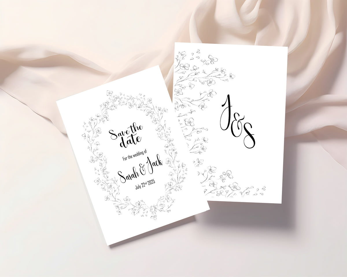 Black & White Floral Wedding Save the Date Cards | Pack of 10