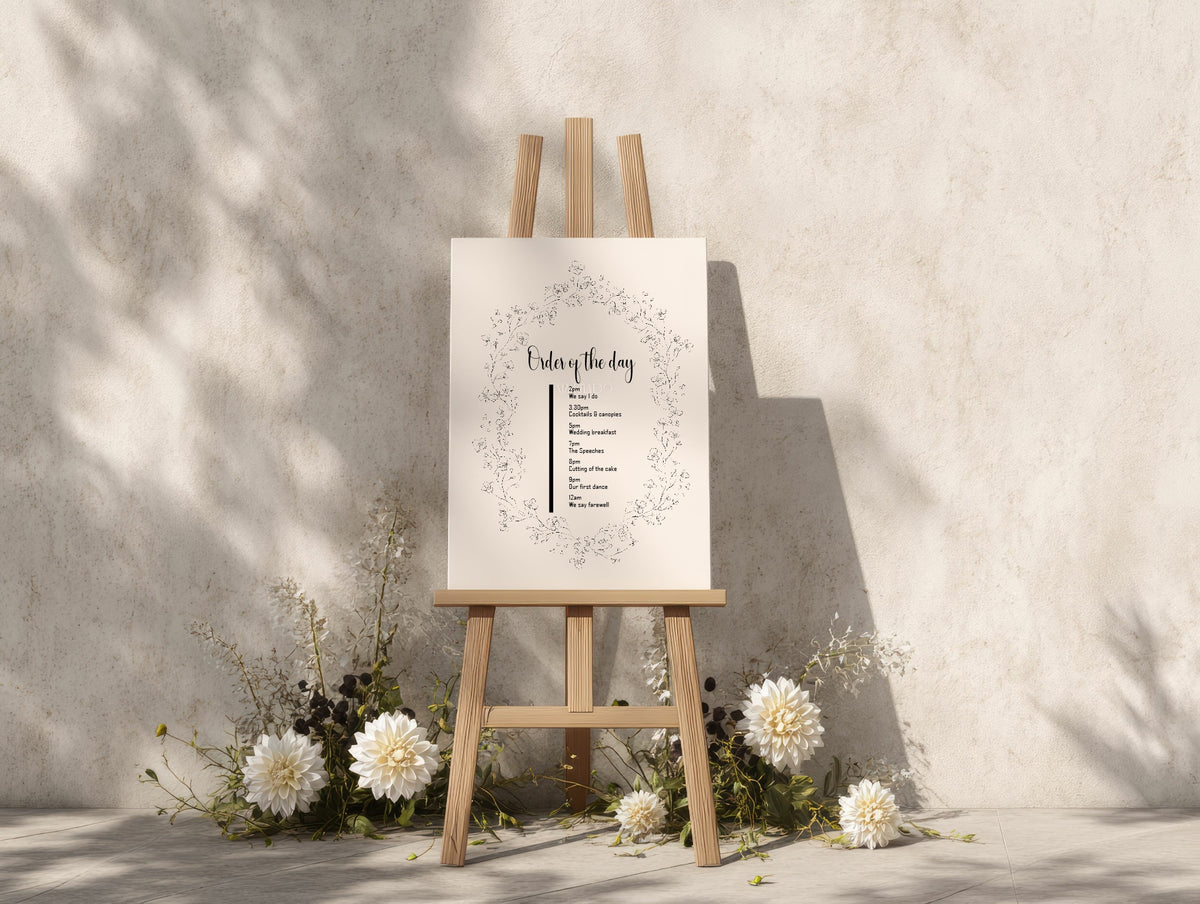 Black & White Floral Wedding Order of the Day Sign