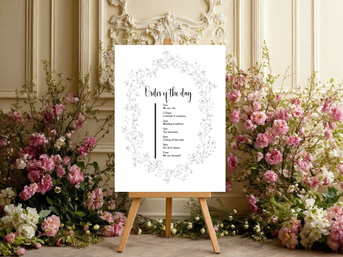 Black & White Floral Wedding Order of the Day Sign – order of the day sign, image 1
