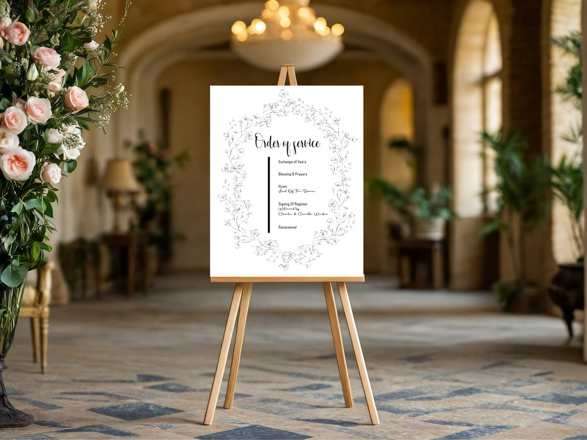 Black & White Floral Wedding Order of Service Sign