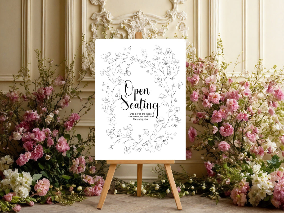 Black & White Floral Wedding Open Seating Sign