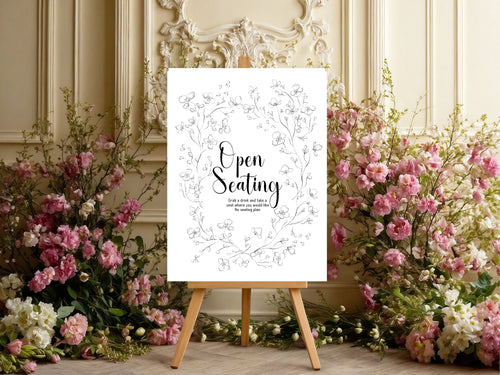 Black & White Floral Wedding Open Seating Sign