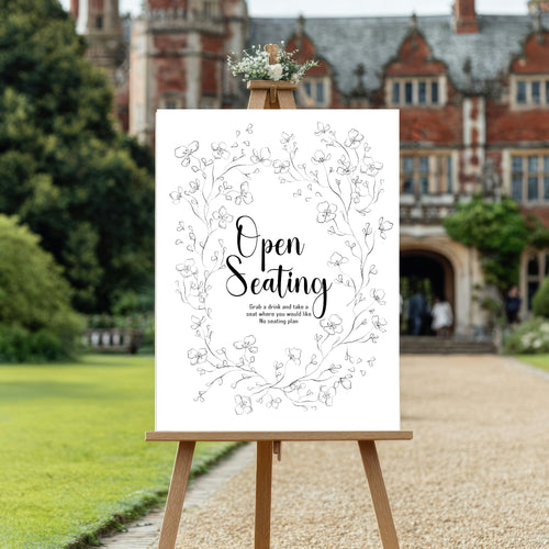 Black & White Floral Wedding Open Seating Sign