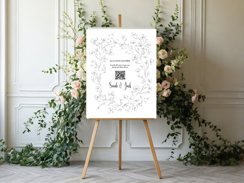 Black & White Floral Wedding QR Code Sign – guest photo sharing QR code sign, image 2
