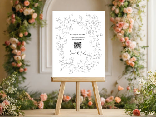 Black & White Floral Wedding QR Code Sign – guest photo sharing QR code sign, image 1