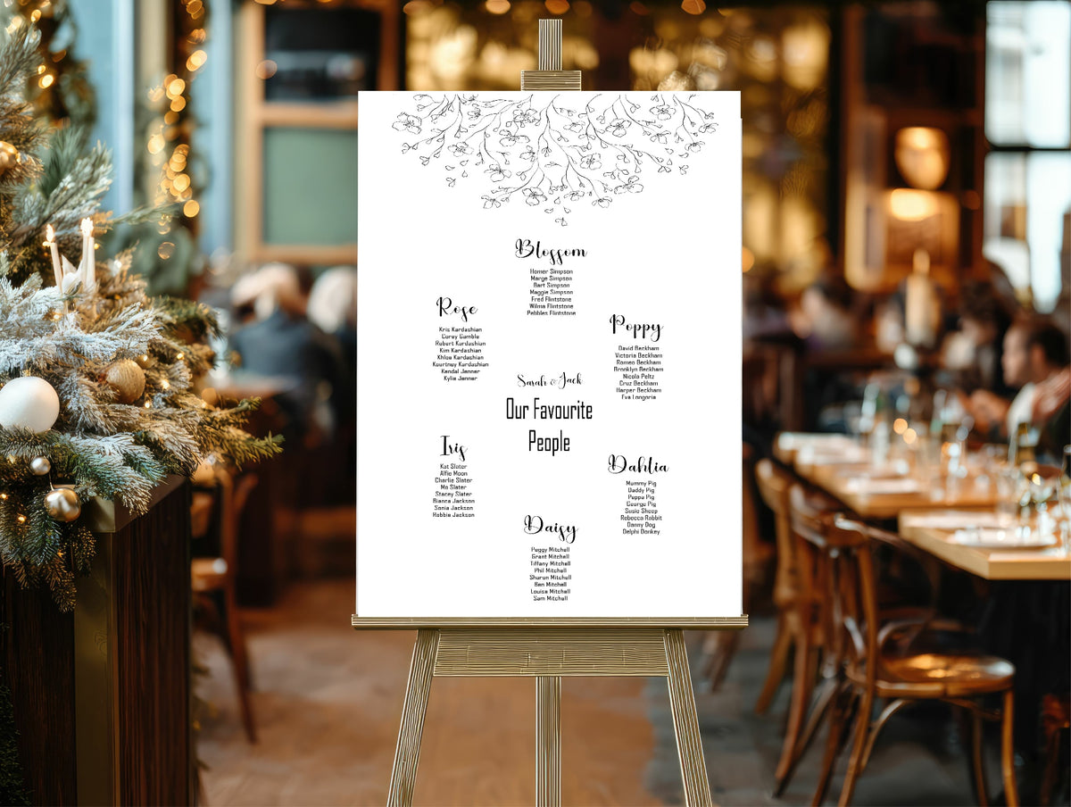 Black & White Floral Wedding Seating Plan