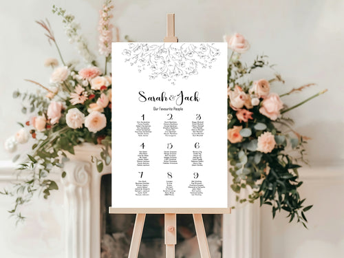 Black & White Floral Wedding Seating Plan