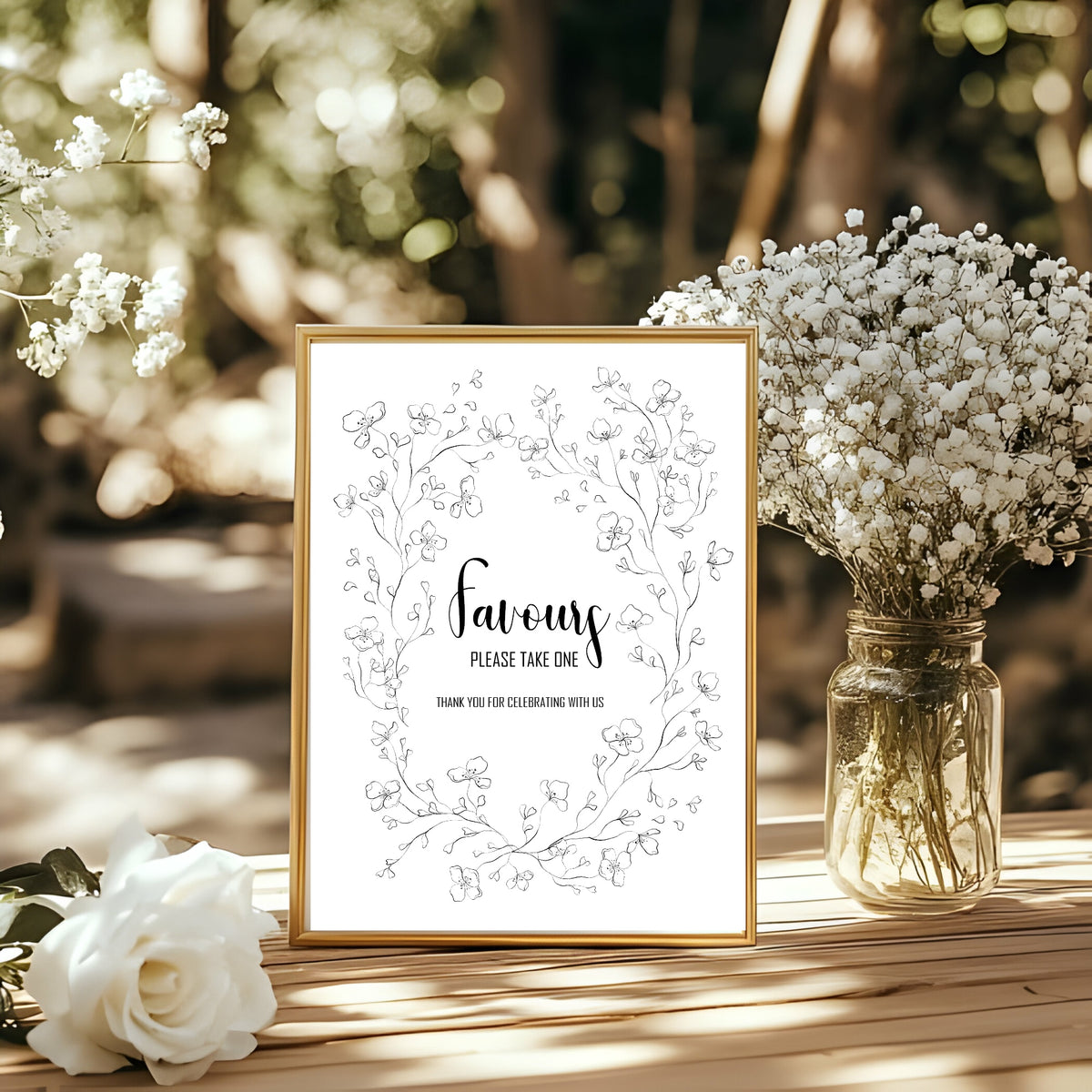 Black & White Floral Wedding Favours Sign