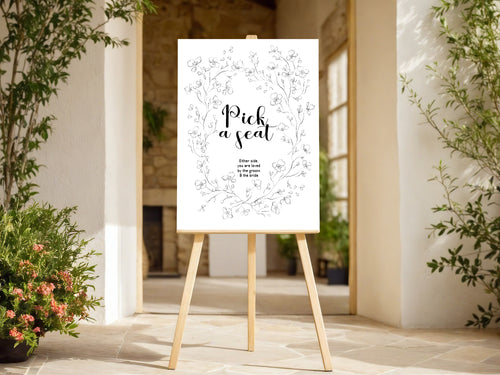 Black & White Floral Wedding Pick a Seat Sign