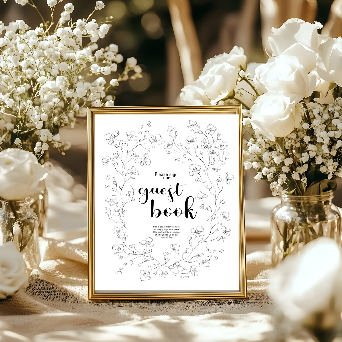 Black & White Floral Wedding Guest Book Sign