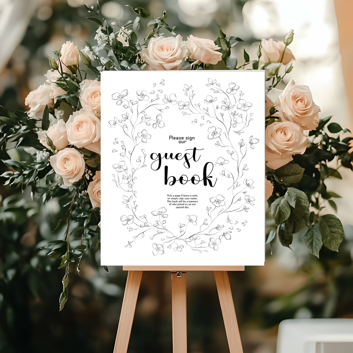 Black & White Floral Wedding Guest Book Sign