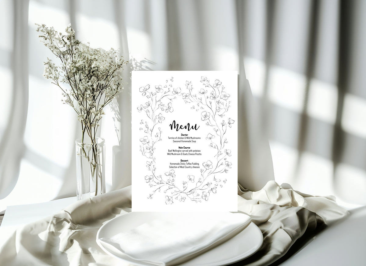 Black & White Floral Wedding Menu Sign