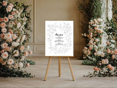 Black & White Floral Wedding Menu Sign