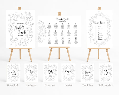 Black & White Floral Complete Wedding Sign Bundle