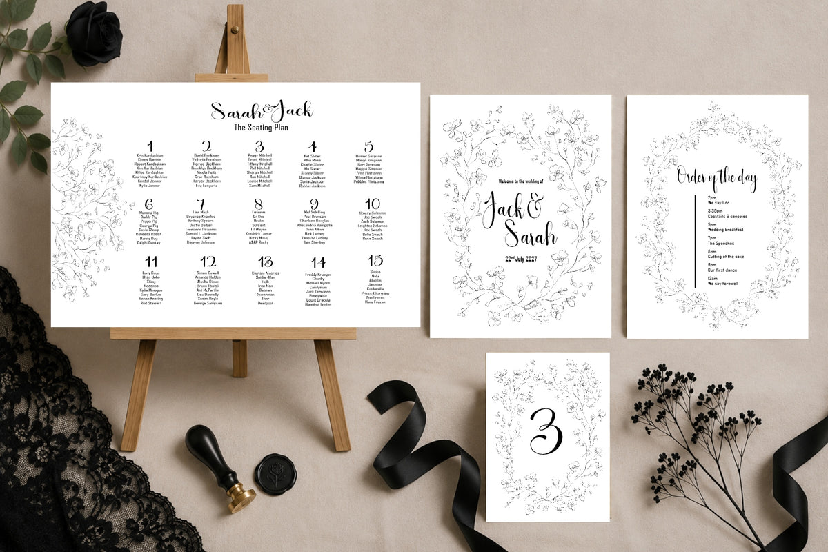 Black & White Floral Essential Wedding Sign Bundle
