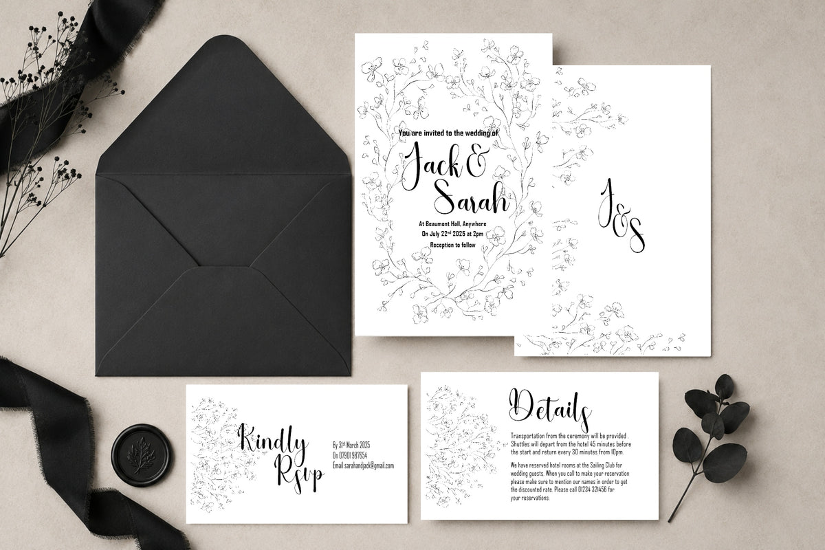 Black & White Floral Wedding Invitation Suite