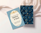 Blue Celestial wedding invitations with black text – personalised invitation hero