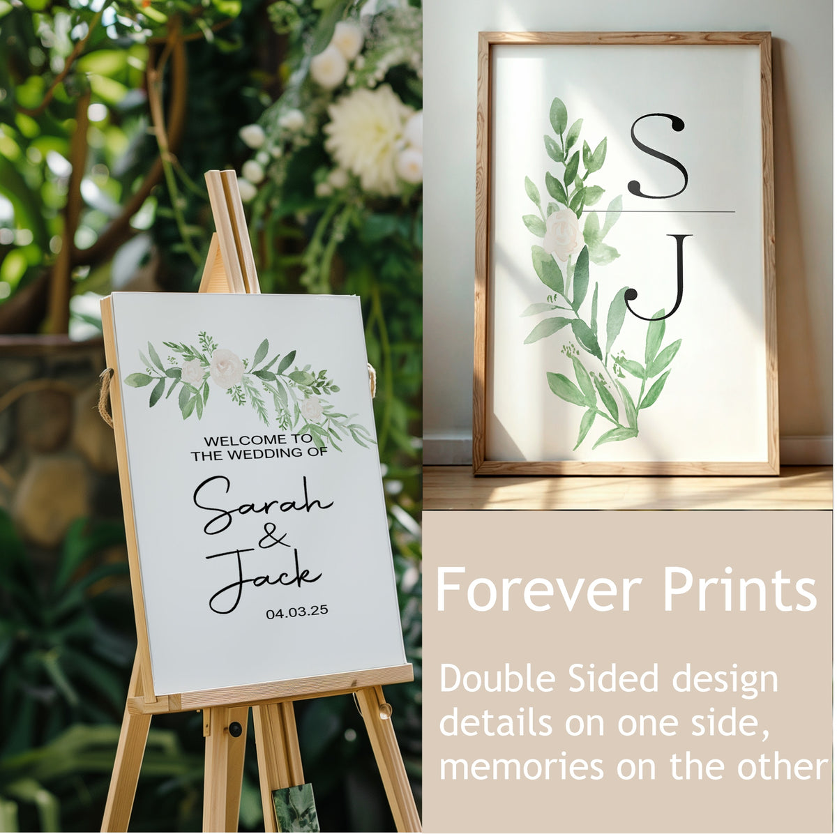 Green & White Rose Monogram Forever Print: wedding sign on one side, keepsake on the reverse