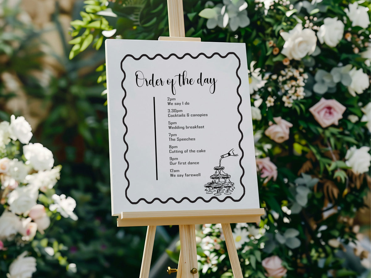 Monochrome Champagne Wedding Order of the Day Sign