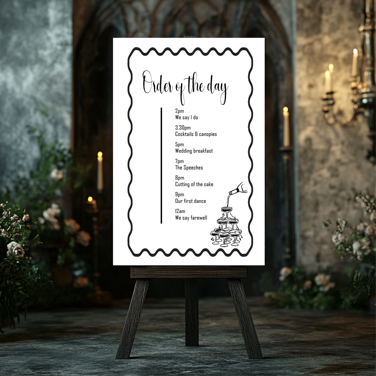 Monochrome Champagne Wedding Order of the Day Sign