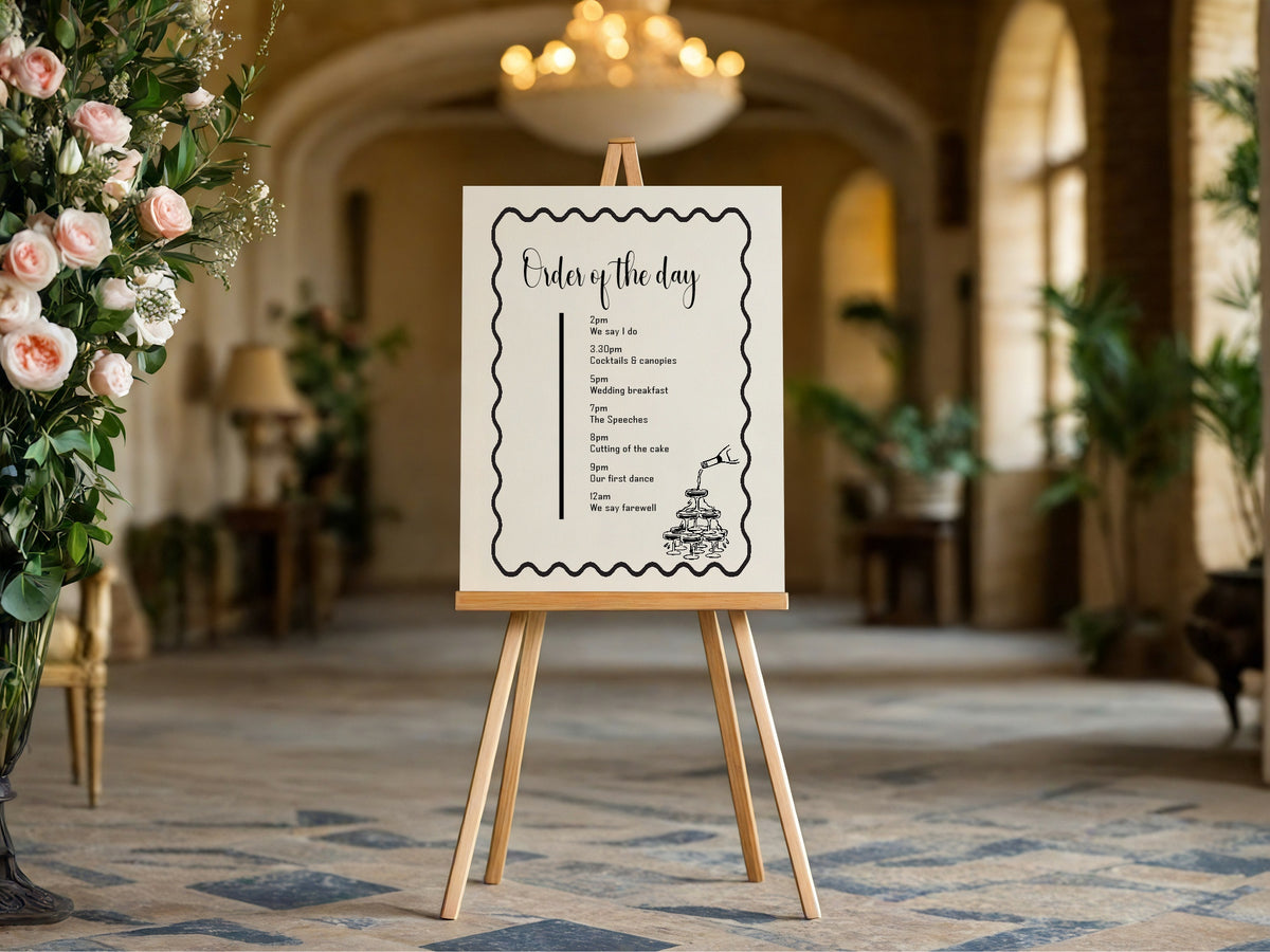 Monochrome Champagne Wedding Order of the Day Sign