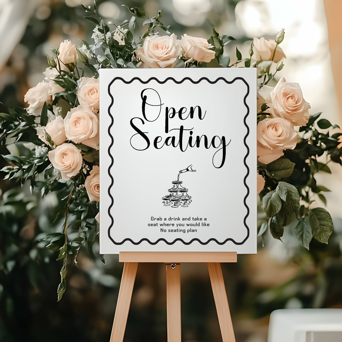 Monochrome Champagne Wedding Open Seating Sign