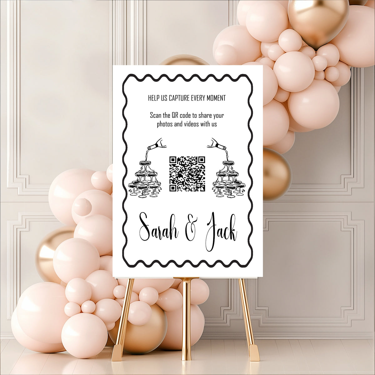 Monochrome Champagne Wedding QR Code Sign