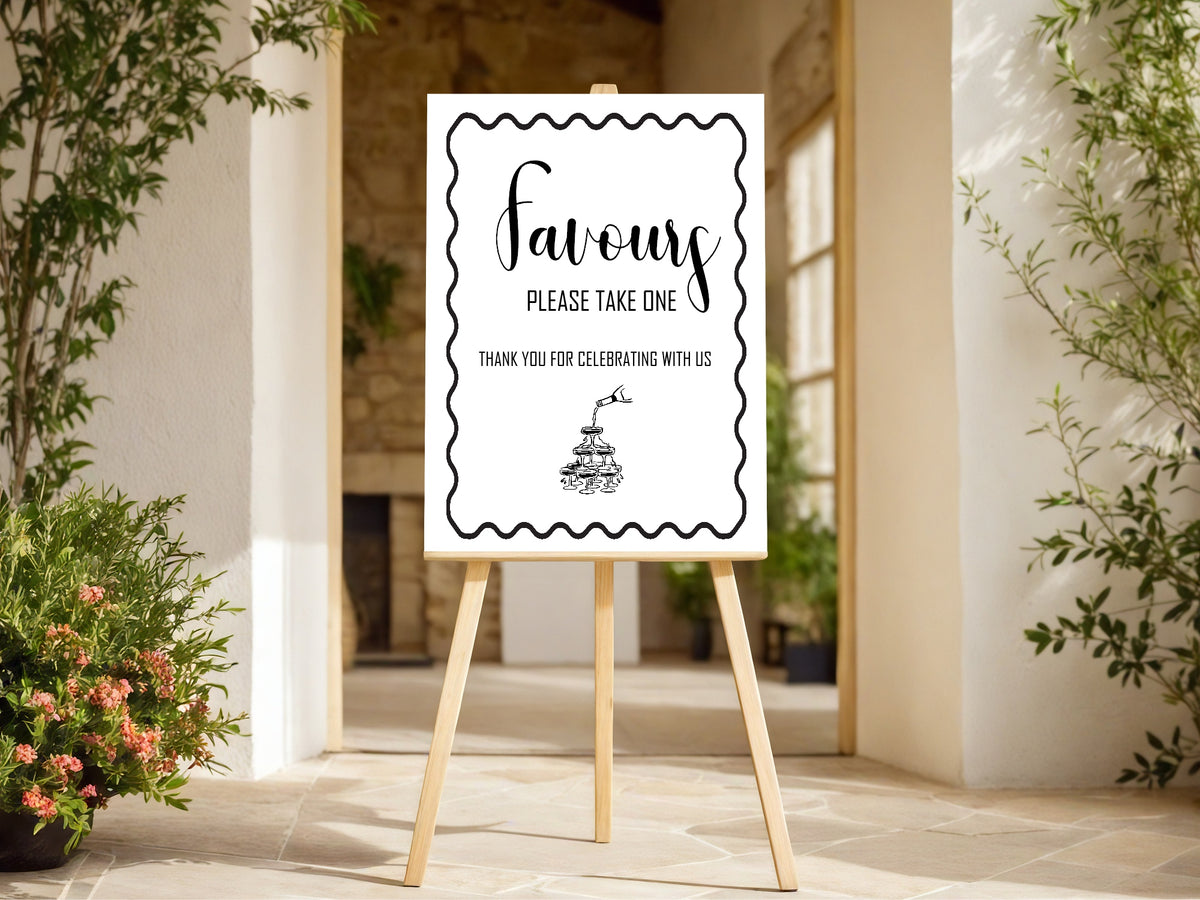 Monochrome Champagne Wedding Favours Sign
