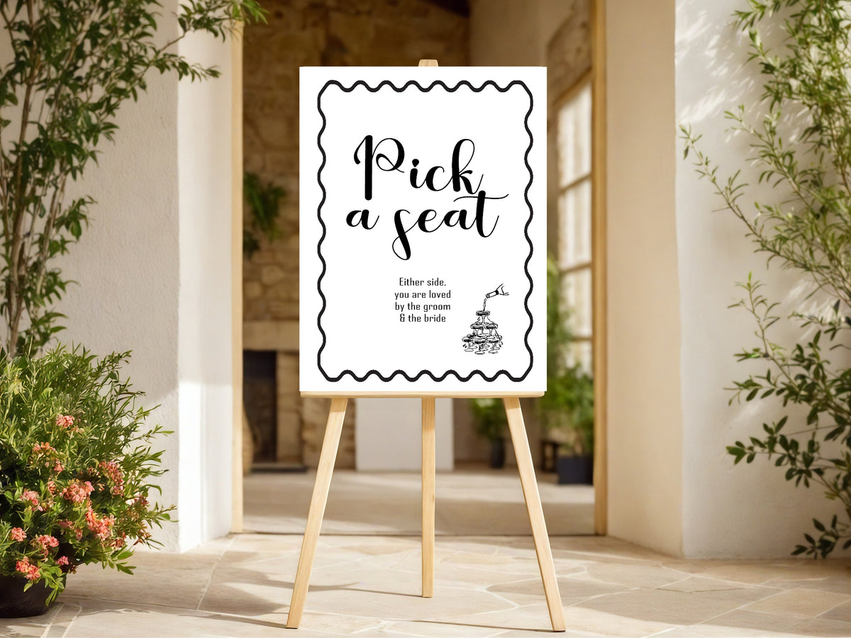 Monochrome Champagne Wedding Pick a Seat Sign