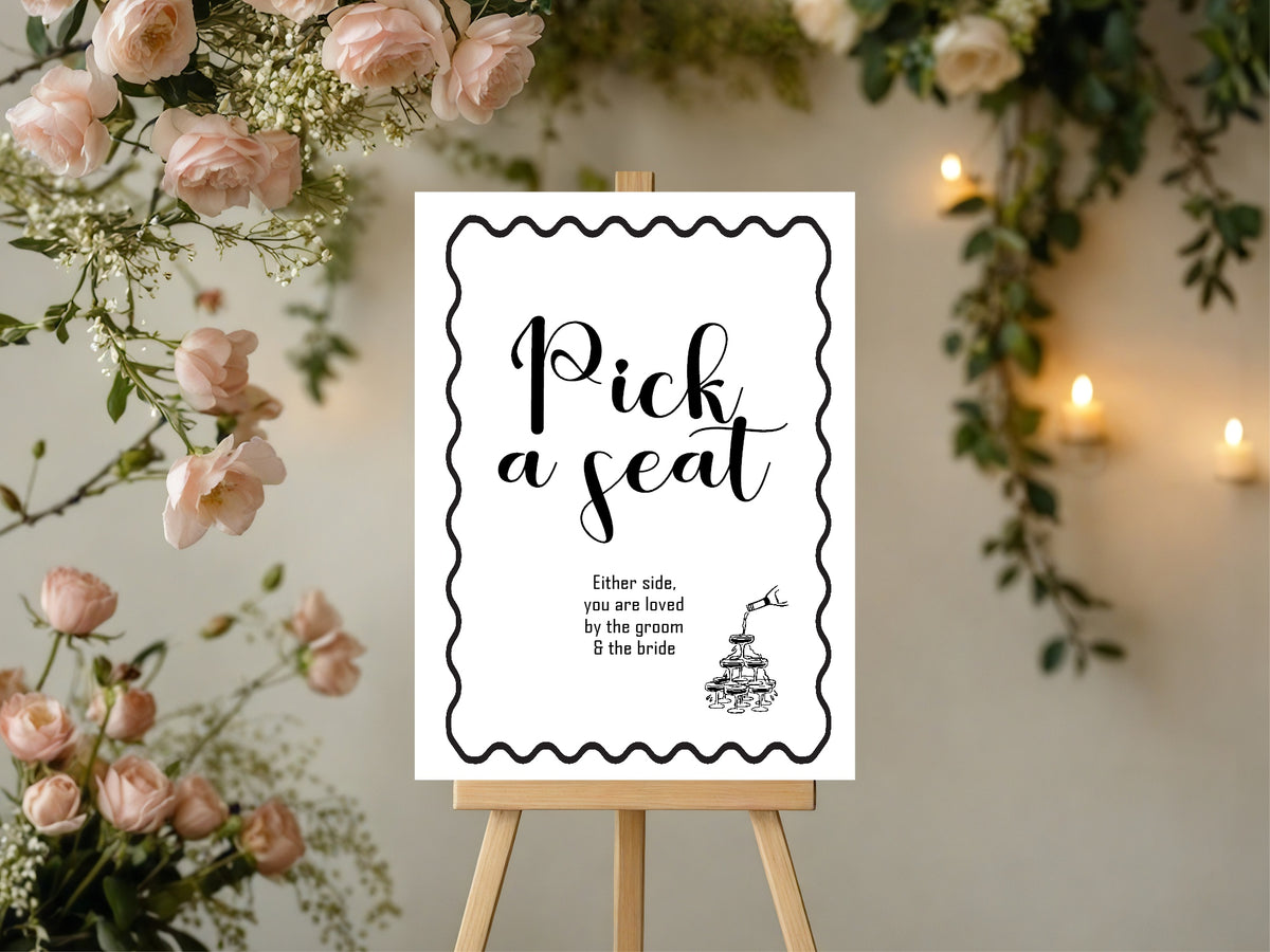 Monochrome Champagne Wedding Pick a Seat Sign