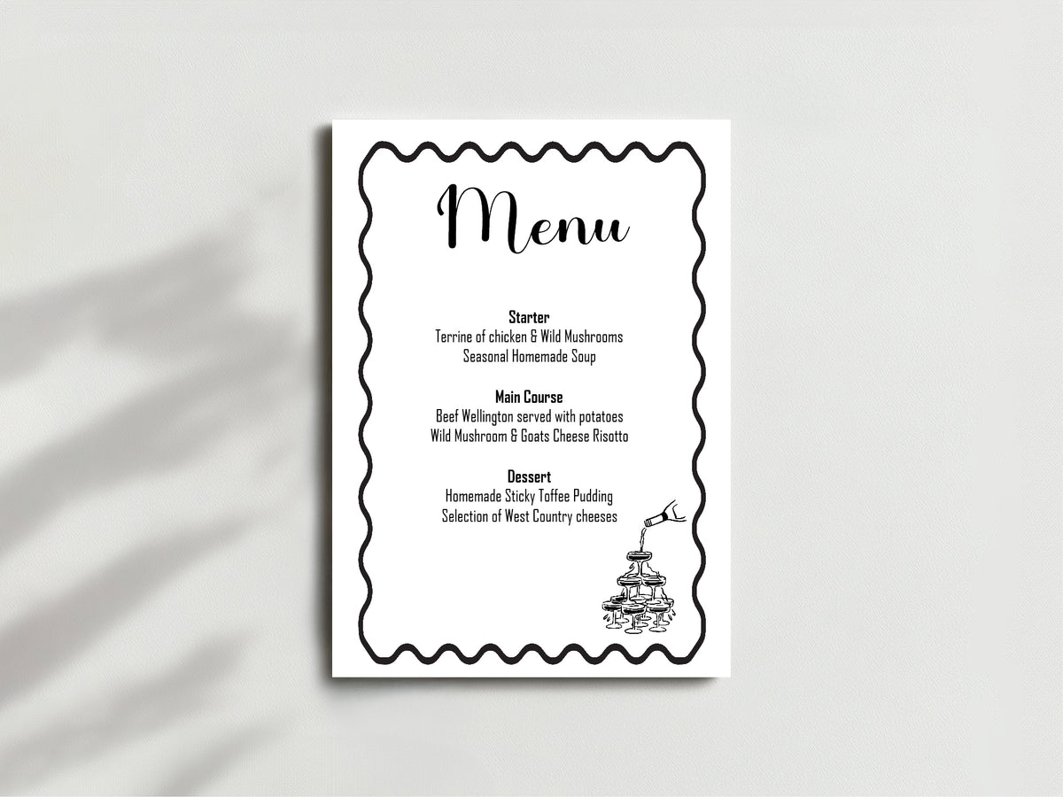 Monochrome Champagne Wedding Menu Sign