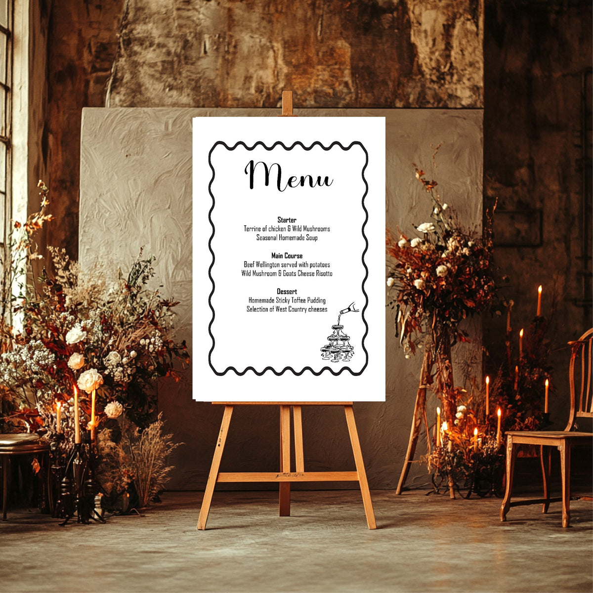 Monochrome Champagne Wedding Menu Sign