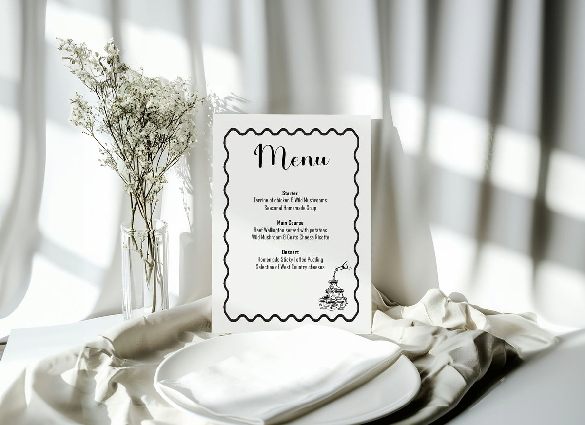 Monochrome Champagne Wedding Menu Sign