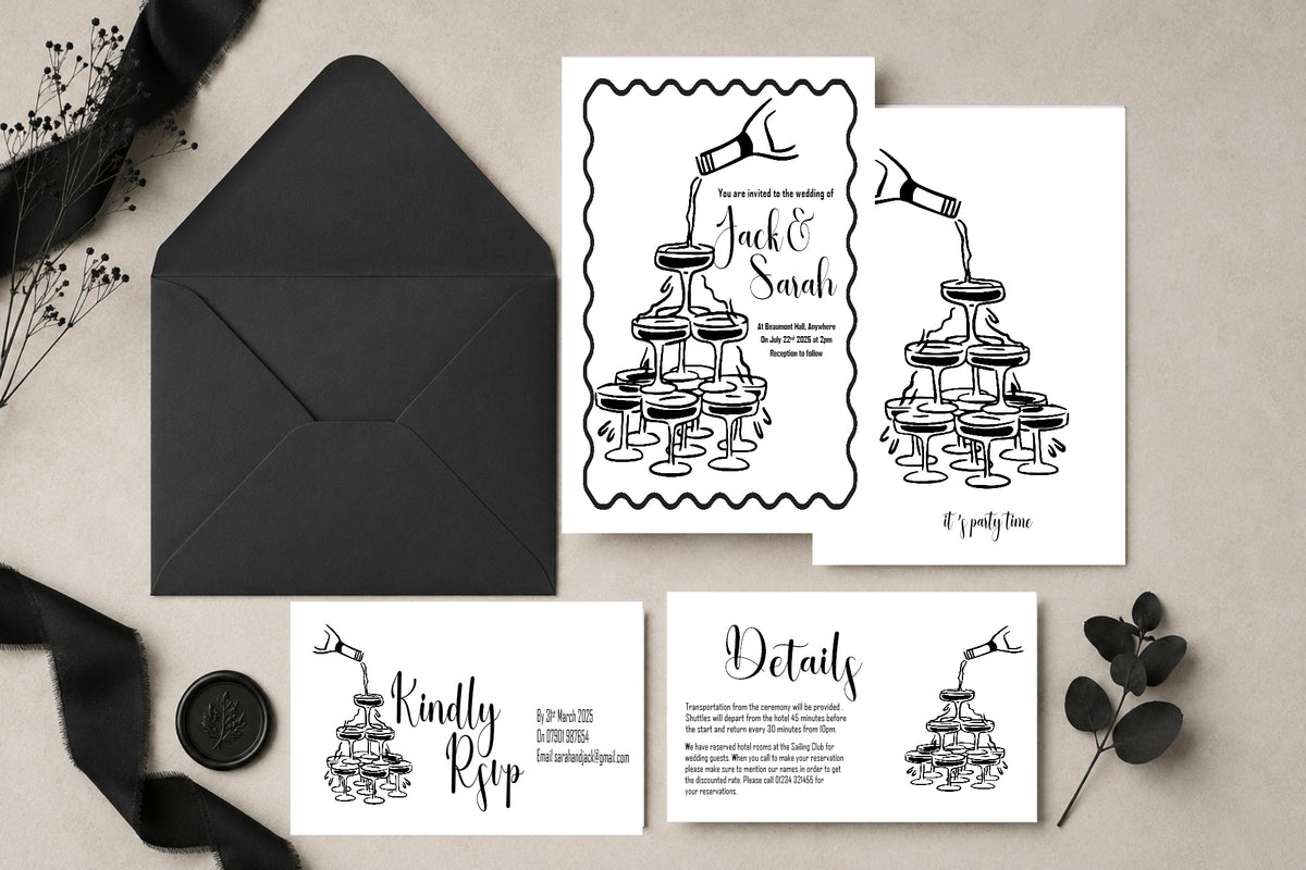Monochrome Champagne Wedding Invitation Suite