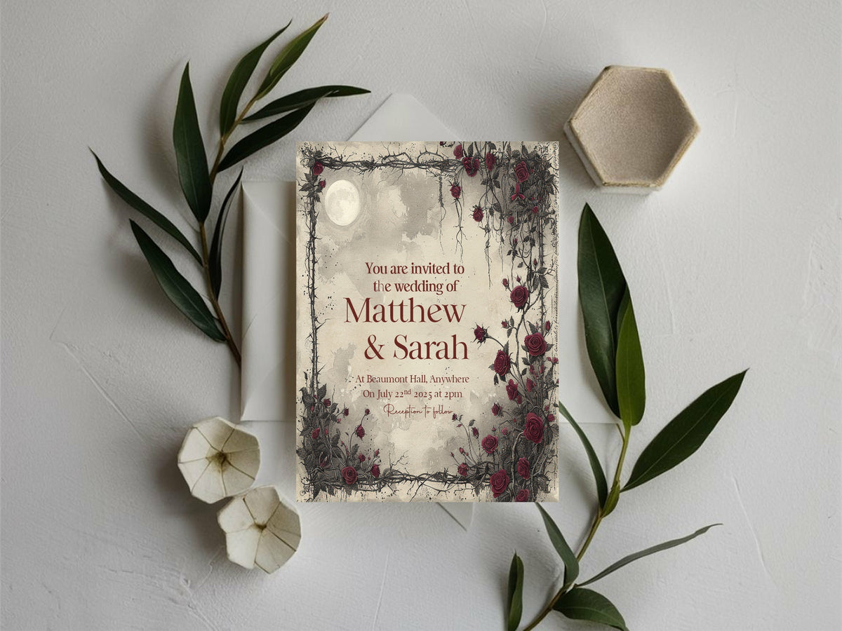 Personalised Moon and Rose wedding invitation with burgundy roses beside green foliage