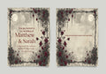Moon and Rose wedding invitation front and quote reverse with burgundy roses, thorn border and full moon