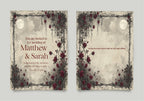 Moon and Rose wedding invitation front and quote reverse with burgundy roses, thorn border and full moon