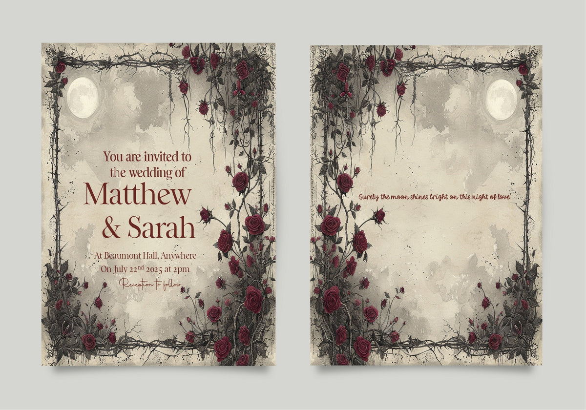 Moon and Rose wedding invitation front and quote reverse with burgundy roses, thorn border and full moon