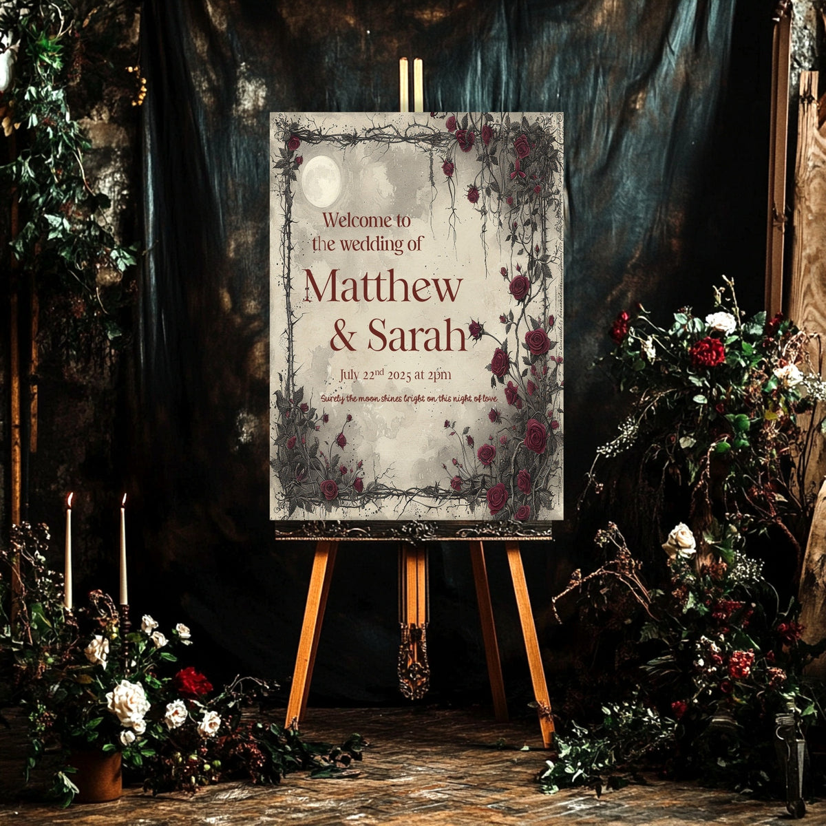 Moon and Rose wedding welcome sign on an easel in a dark floral setting