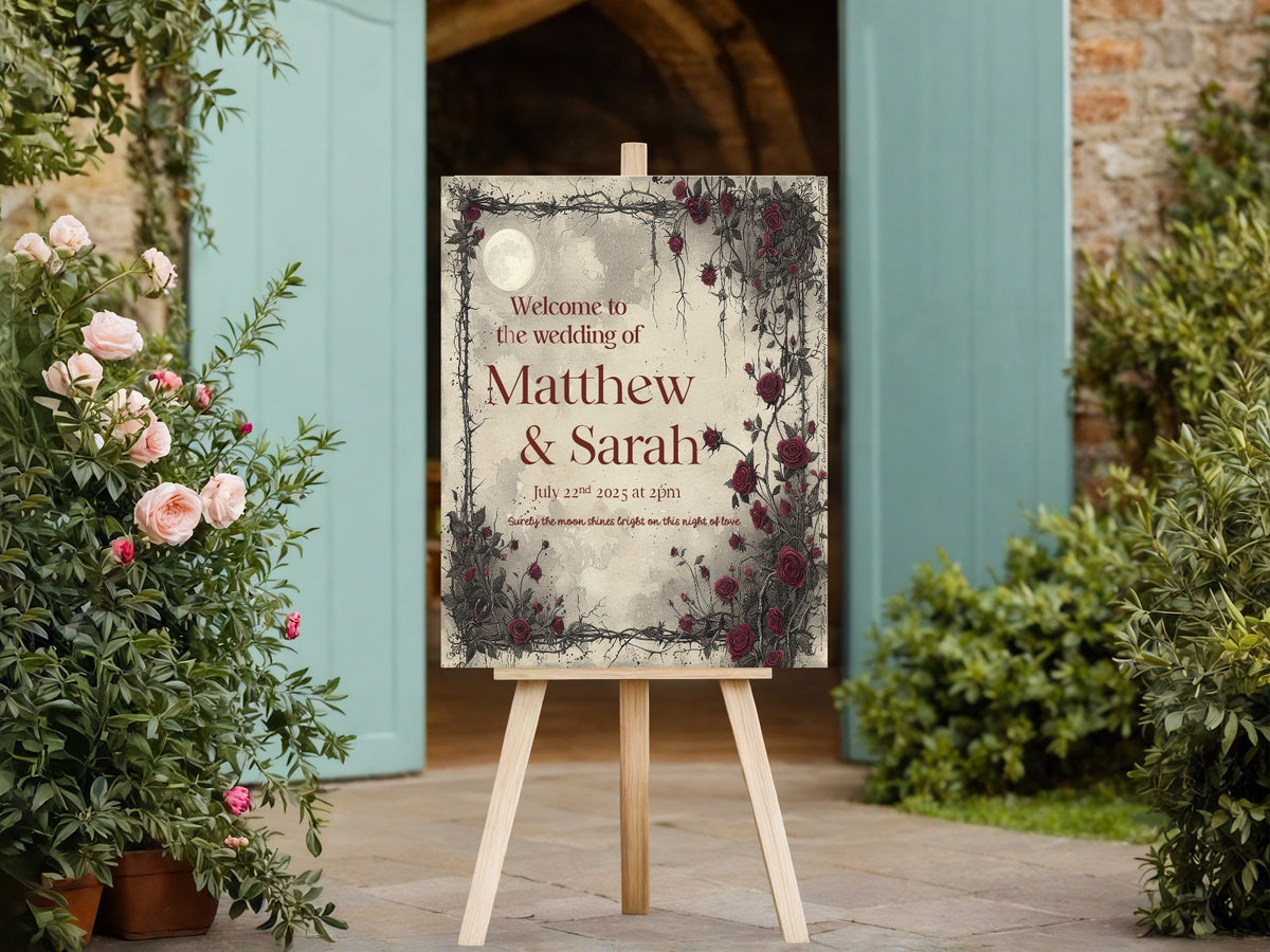 Moon and Rose personalised welcome sign on an easel by a garden doorway