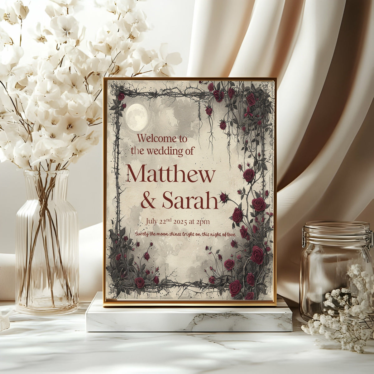 Moon and Rose personalised wedding welcome sign shown in a gold frame