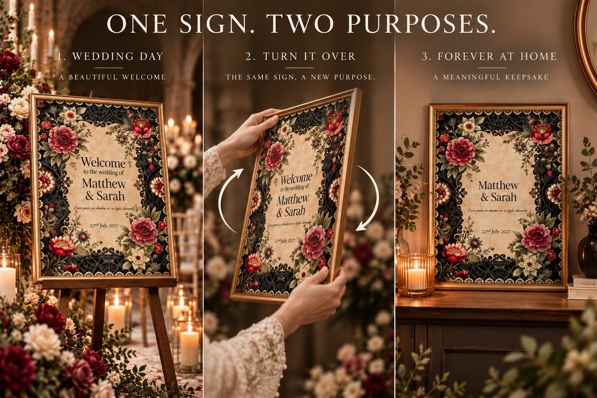 One Sign. Two Purposes. Gothic floral wedding welcome sign becomes a keepsake for display at home.