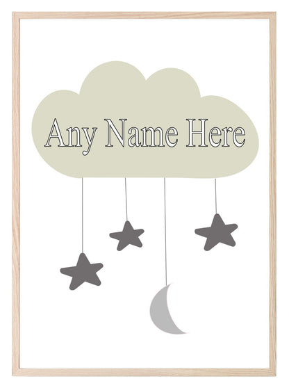 Personalised Kids Cloud Name Print | Nursery Stars & Moon Wall Art