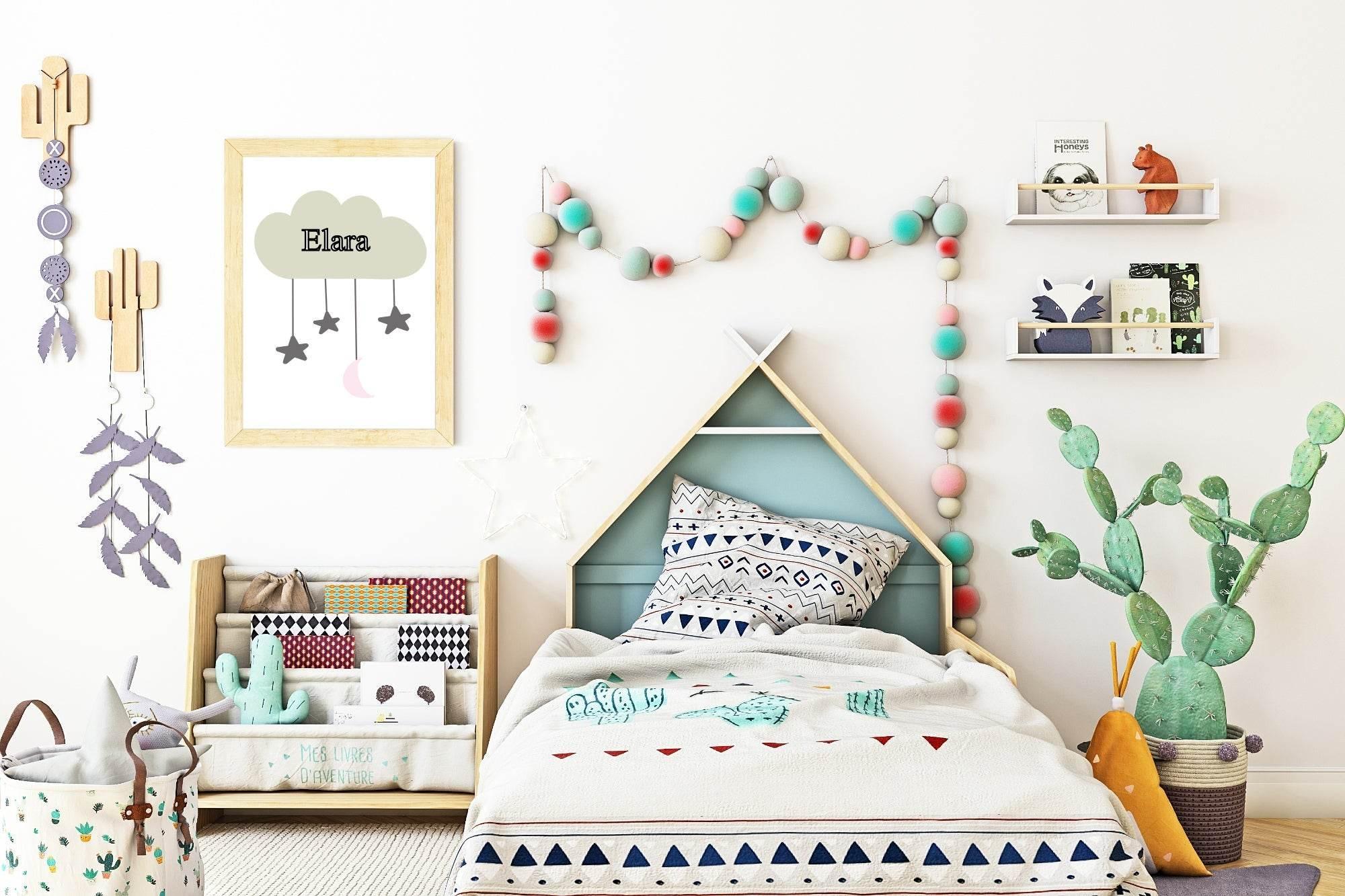 Personalised Kids Cloud Name Print | Nursery Stars & Moon Wall Art - Larosier Prints