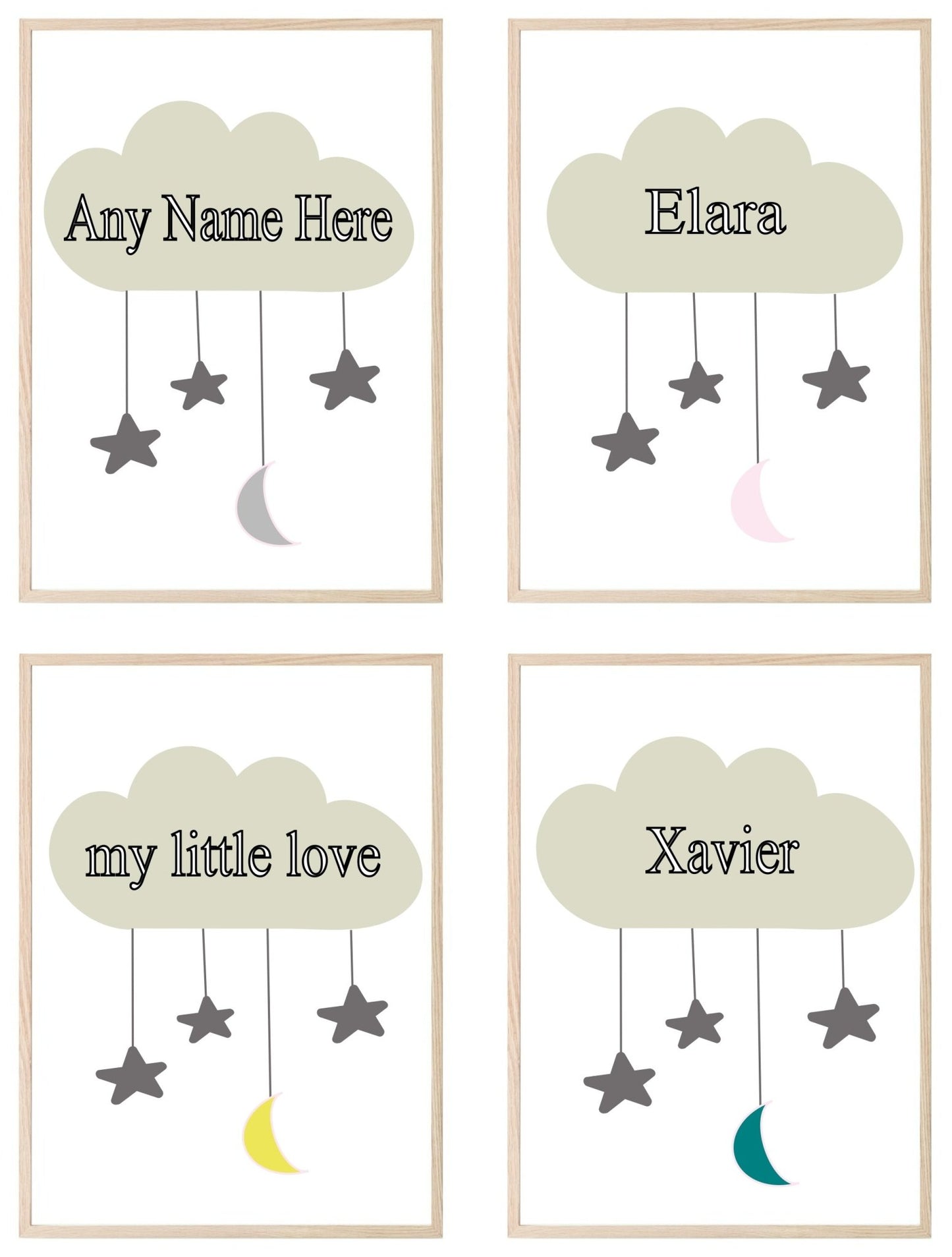 Personalised Kids Cloud Name Print | Nursery Stars & Moon Wall Art